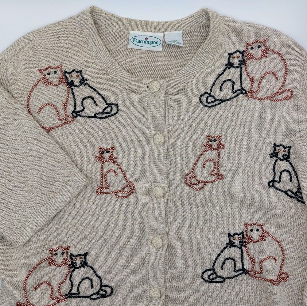 Patchington Linen Blend Beaded Cats Cardigan Women's Medium Tan Sweater Vintage